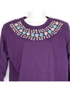 Vintage Cervelle T-shirt Knit Top Jewel Studded Women Size M Purple Long Sleeve